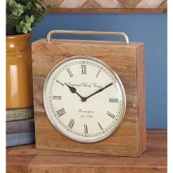 Discount 🔥 Table Clocks LITTON LANE 11 In. X 10 In. Rustic Wood And Iron Brown Square Table Clock 🎁