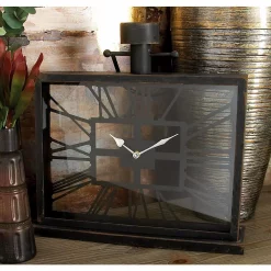 Budget 👏 Table Clocks LITTON LANE 20 In. X 18 In. Black Iron And Clear Glass Horizontal Rectangular Table Clock 🧨