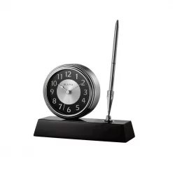 Hot Sale ⌛ Table Clocks Bulova 5 In. H X 5.75 In. W Clock And Pen Desk Set With Black Wooden Base And Brushed Silver Accents 🤩