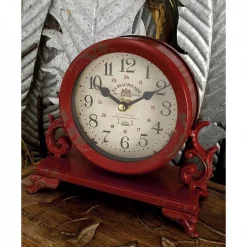 Flash Sale 😀 LITTON LANE 7 In. X 7 In. Burgundy Red And Mint Green Round Table Clocks On Rectangular Scrollwork-Designed Base (Set Of 2) 😍