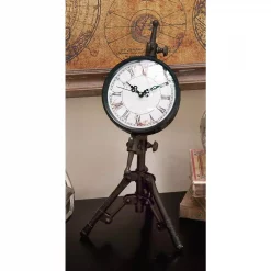 Flash Sale 😀 Table Clocks LITTON LANE Classical 14 In. X 7 In. Rusted Black Iron Tripod Table Clock 🔔
