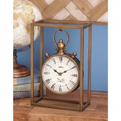 Hot Sale ⌛ Table Clocks LITTON LANE 13 In. X 9 In. Round Iron Table Clock With Rectangular Iron Frame 🎉
