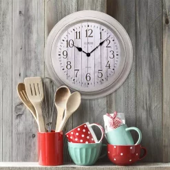 Best deal 🎁 Wall Clocks La Crosse Technology 14 In. Round White Barn Wood Quartz Wall Clock ⌛