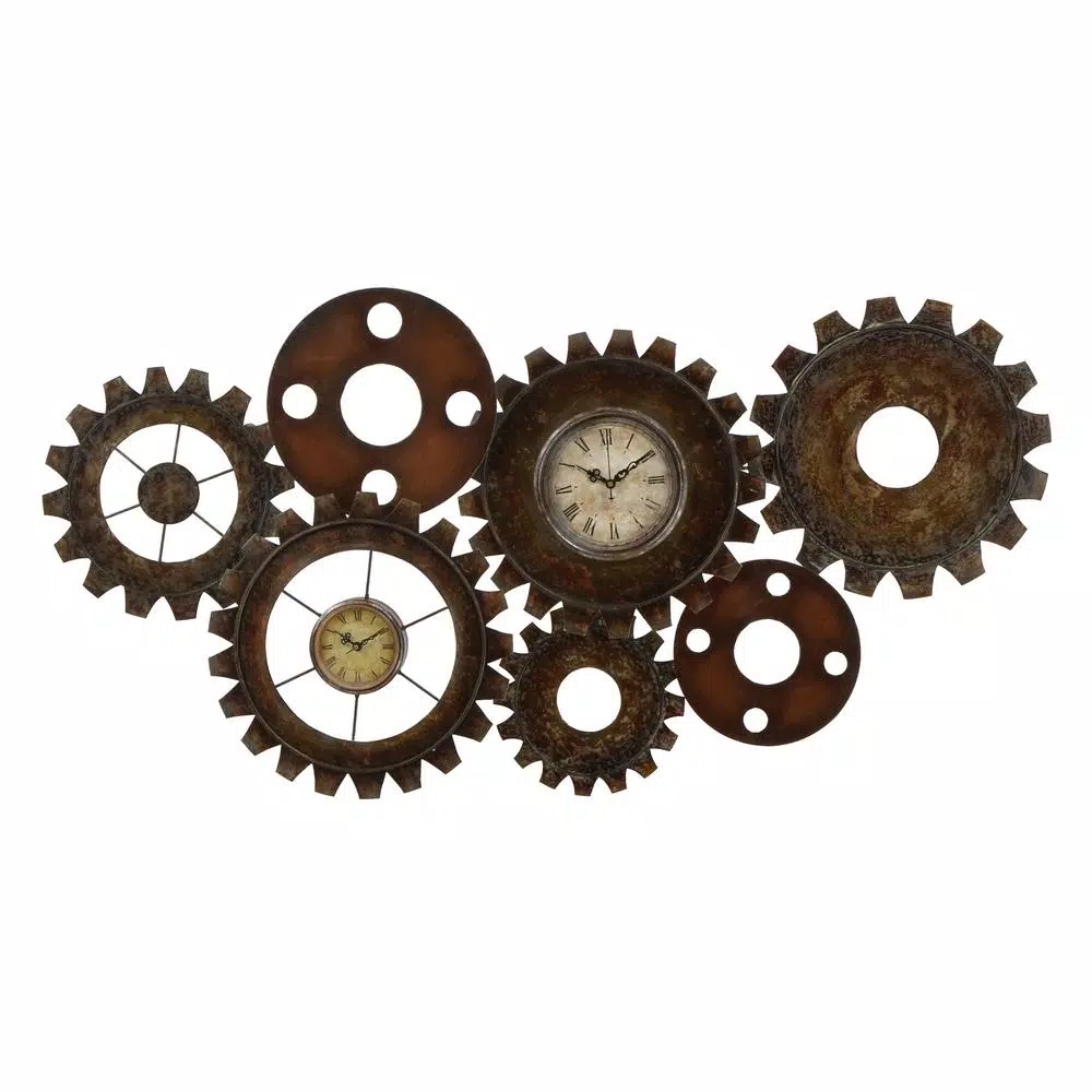 Outlet 🎁 Wall Clocks LITTON LANE 17 In. X 34 In. Rustic Industrial Gears Wall Clock In Distressed Iron ✔️ - Image 2