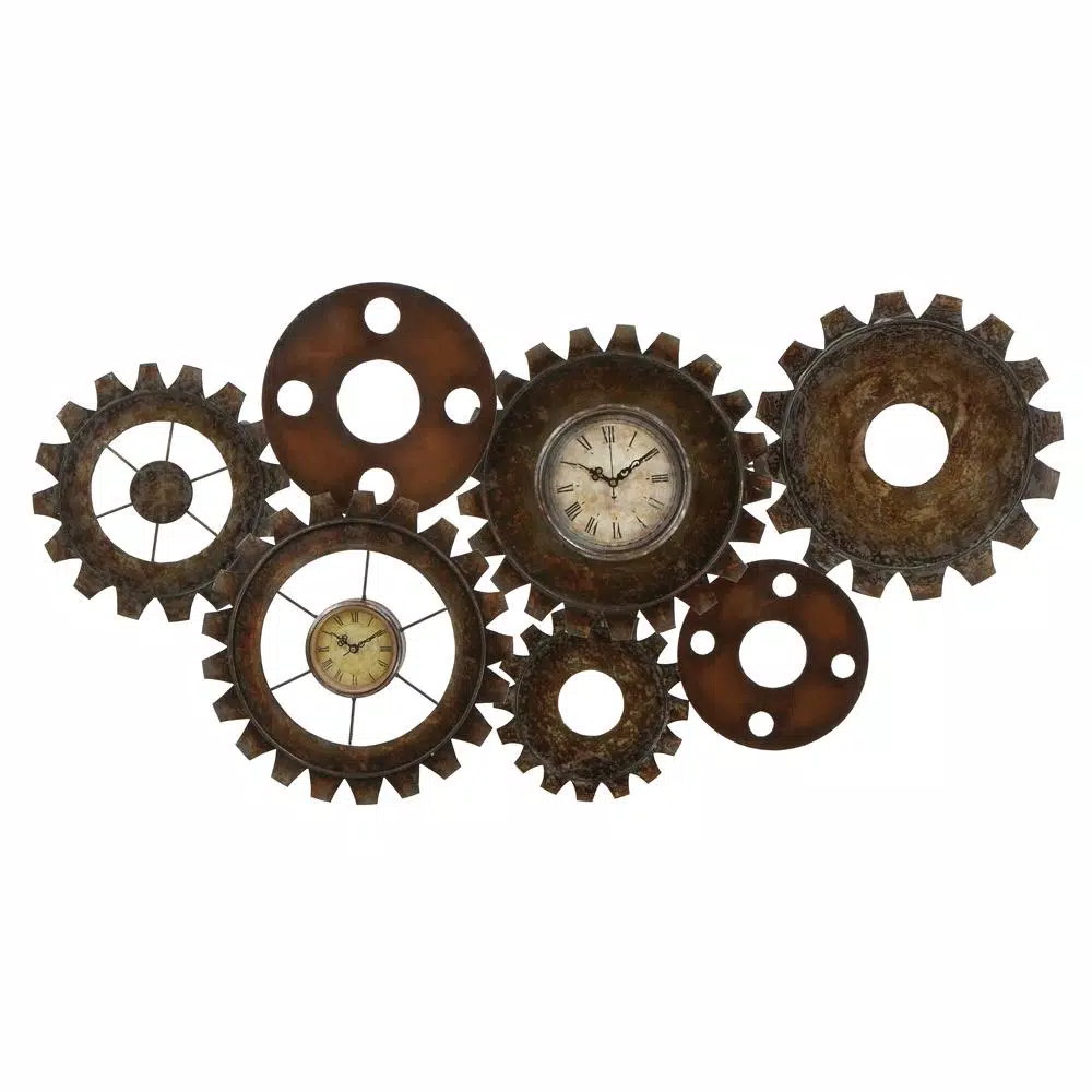 Outlet 🎁 Wall Clocks LITTON LANE 17 In. X 34 In. Rustic Industrial Gears Wall Clock In Distressed Iron ✔️ - Image 3