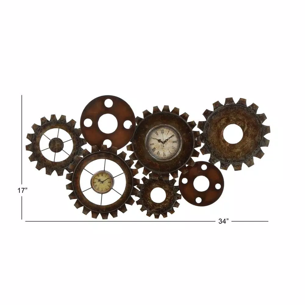 Outlet 🎁 Wall Clocks LITTON LANE 17 In. X 34 In. Rustic Industrial Gears Wall Clock In Distressed Iron ✔️ - Image 6