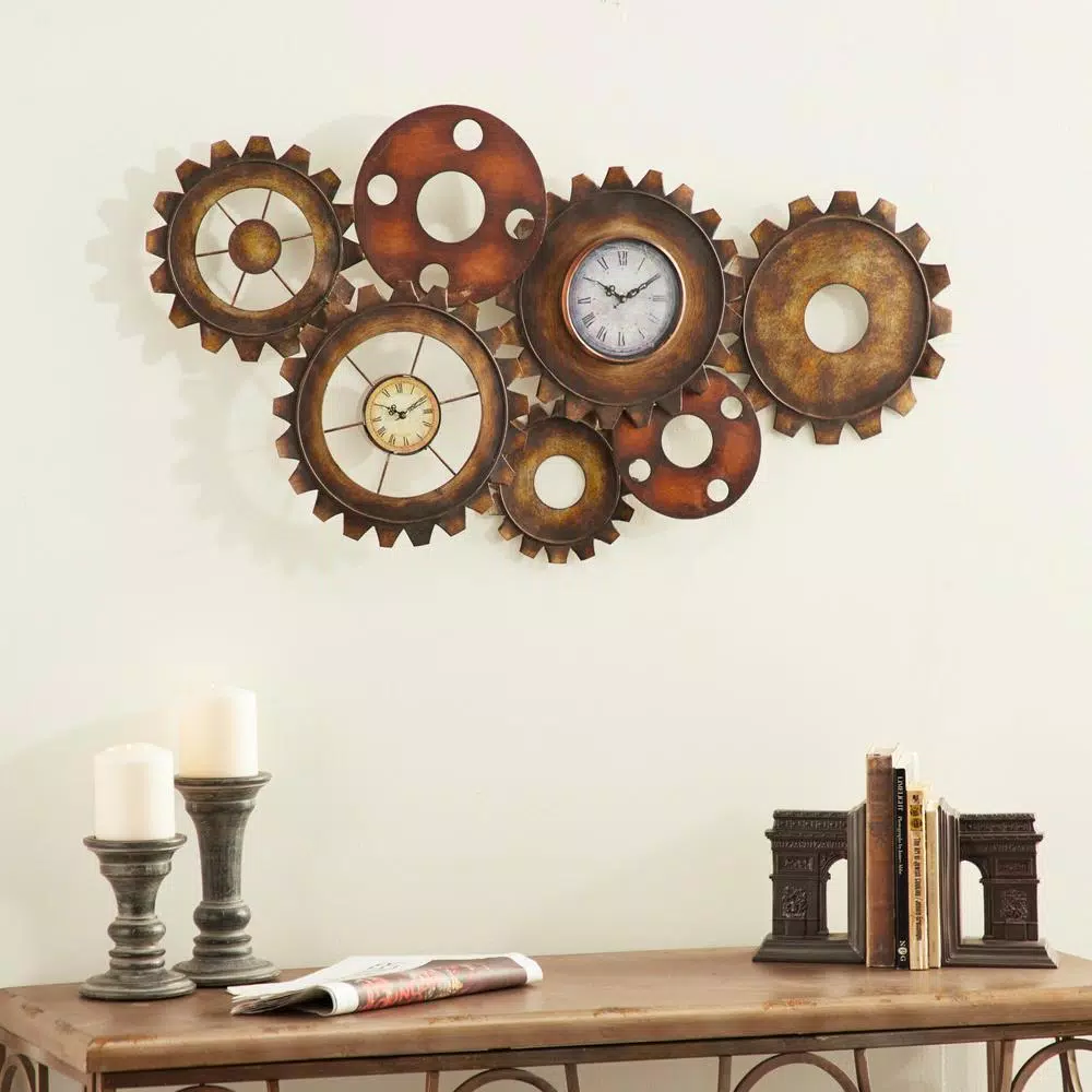 Outlet 🎁 Wall Clocks LITTON LANE 17 In. X 34 In. Rustic Industrial Gears Wall Clock In Distressed Iron ✔️ - Image 7