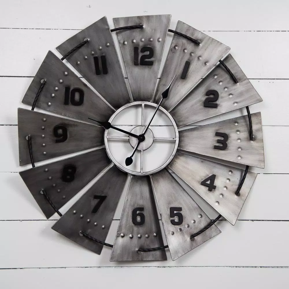 Promo 🌟 Wall Clocks Pinnacle Windmill Galvanized Metal Silver Wall Clock 🥰