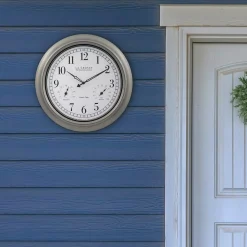 Best deal 🛒 Wall Clocks La Crosse Technology 18-Inch Indoor/Outdoor Classic Plastic Pewter Atomic Analog Clock With Thermometer & Hygrometer 😍